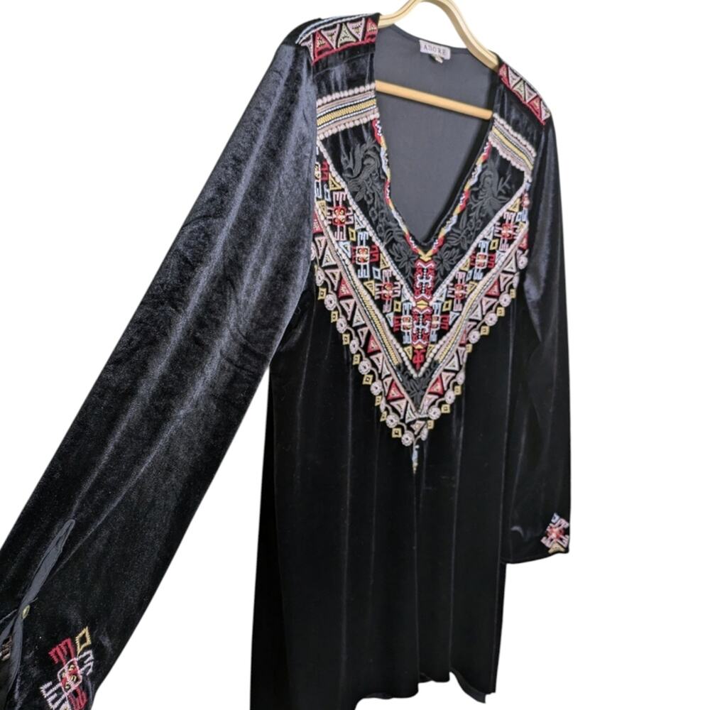 Adore Velvet Embroidered Tunic Dress Large Black Boho Boutique